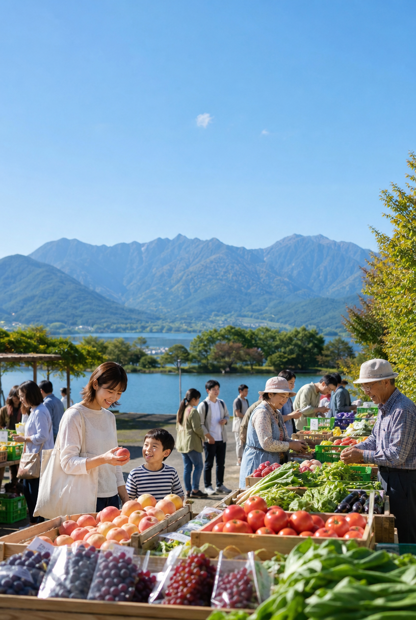 南アルプスの山並みと地域の市場